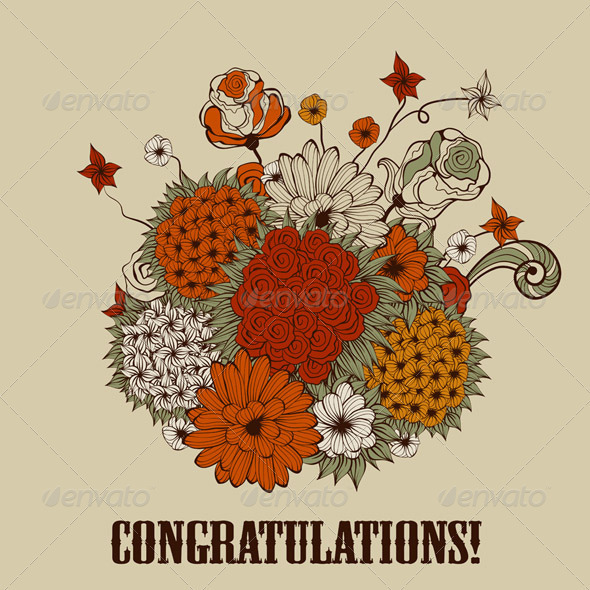 Vector Greeting Card with Bouquet of Bizarre Flowe Vector Greeting Card with Bouquet of Bizarre Flowe