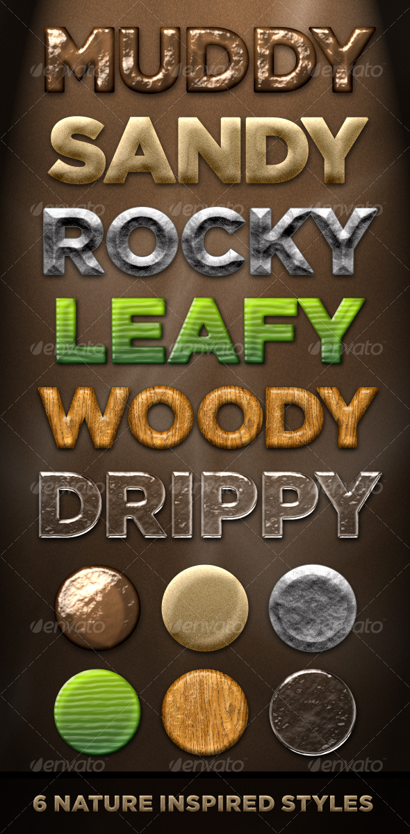 6 Nature Styles - Dirt, Stone, Wood, Plant, Water - Text Effects Styles