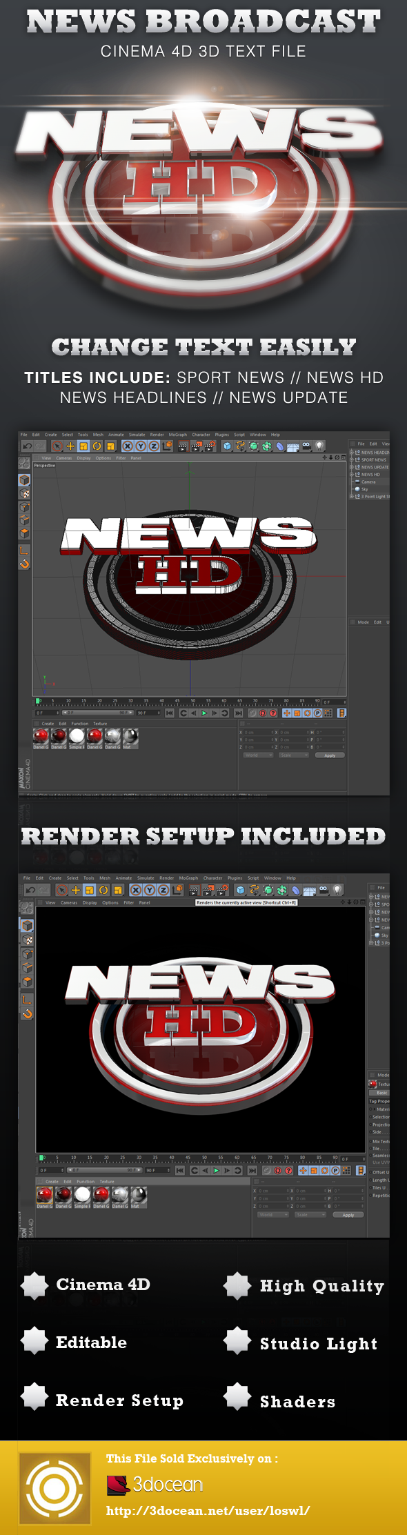News Broadcast Cinema 4D 3D Text Files - 3DOcean Item for Sale