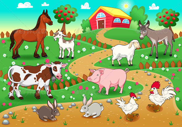 Farm animals with background. | GraphicRiver