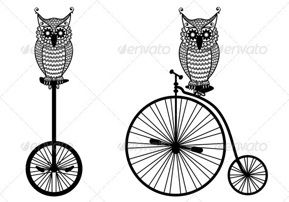 Owls With Old Bicycle, Vector