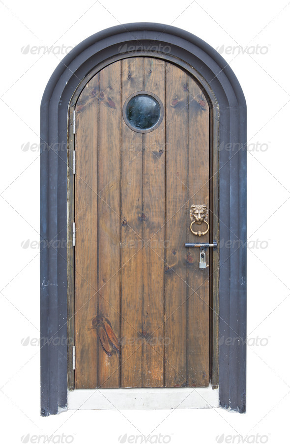 Old wood door with lion handle isolated on white background
