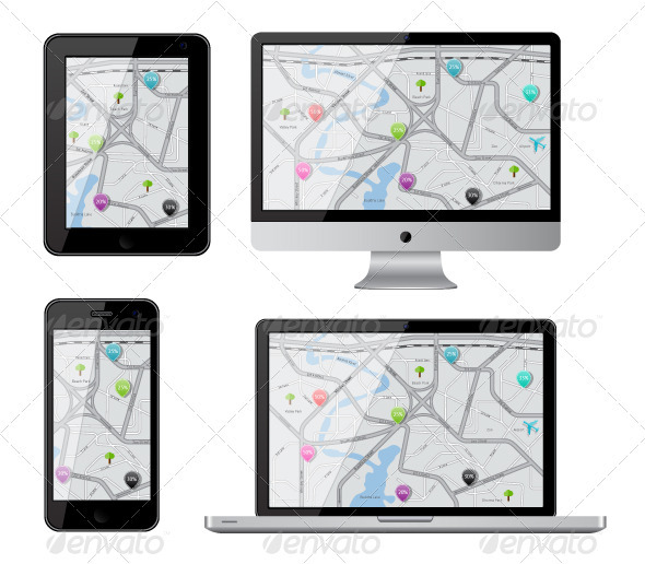Isolated gadgets with street map Isolated gadgets with street map
