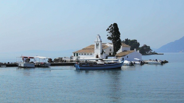 Tourist Boats Near Vlacherna Monastery Kanoni Tourist Boats Near Vlacherna Monastery Kanoni