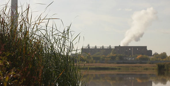 Green Grass And Industrial Smokestack Green Grass And Industrial Smokestack
