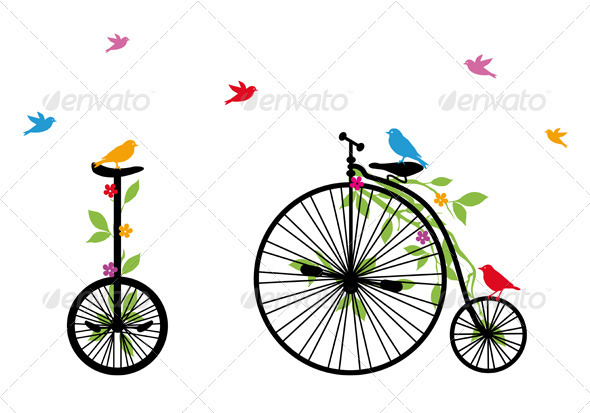 Birds On Old Bicycle, Vector Illustration