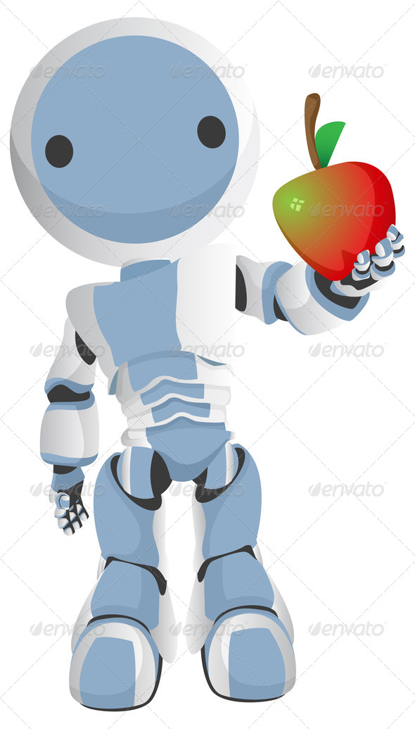 Blue Robot Holding Apple Out to Viewer