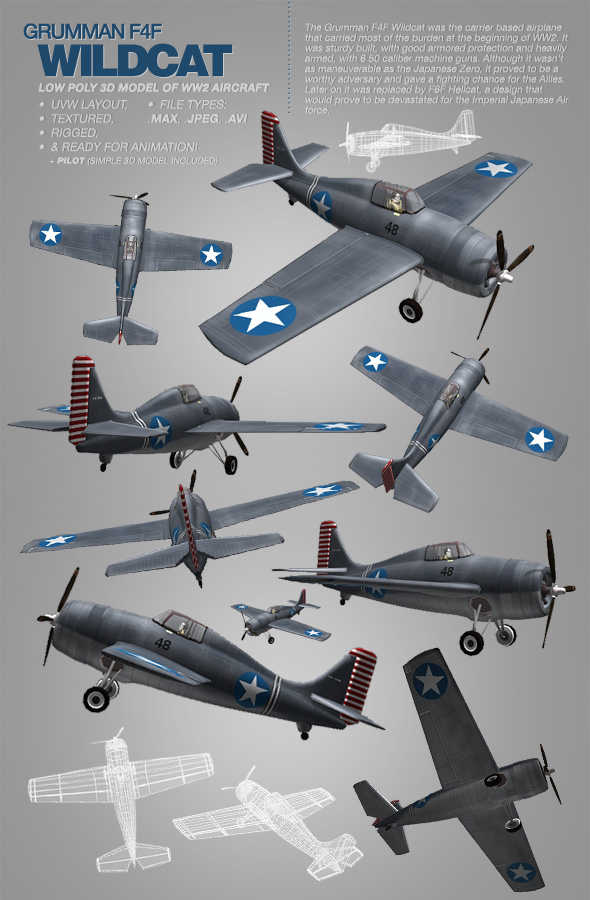 Grumman F4F Wildcat - 3Ds model of WW2 aircraft - 3DOcean Item for Sale
