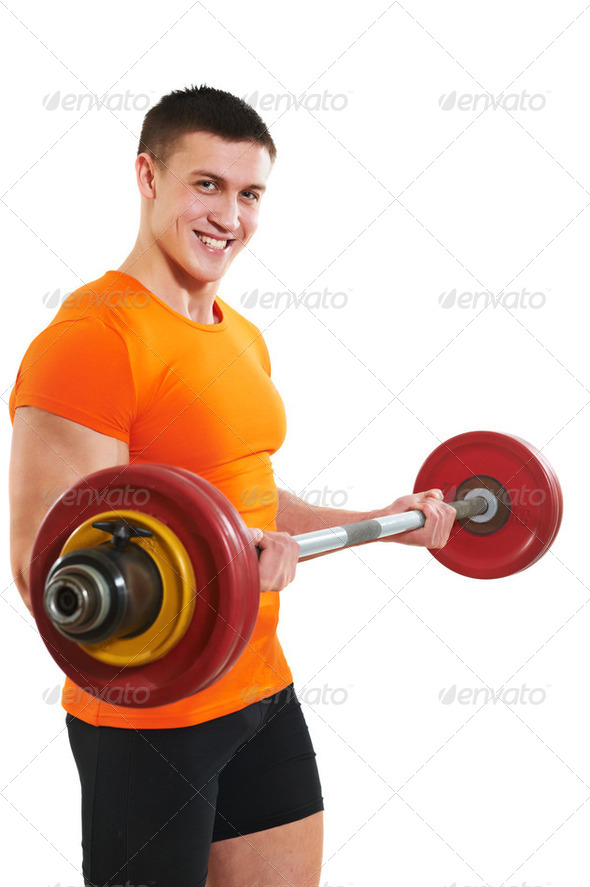 bodybuilder man doing biceps muscle exercises - Stock Photo - Images
