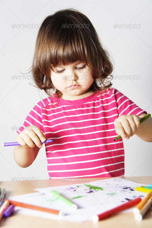 Little Girl Enthusiastic Drawing
