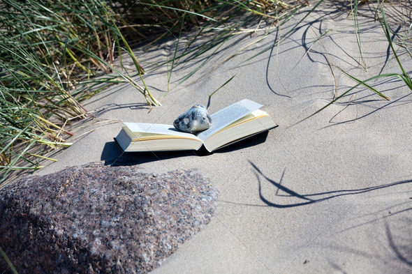 Read on the beach. Book lies open on the sandy beach between the dune grass