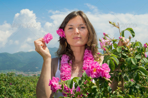 Beautiful girl in a field of roses