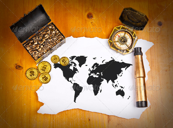 Pirate world map with treasure, compass and binocular