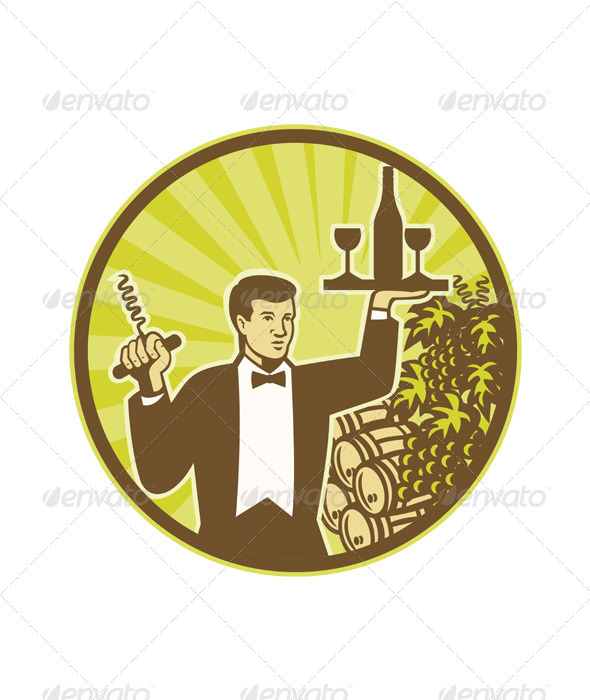 Waiter Serving Wine Grapes Barrel Retro Waiter Serving Wine Grapes Barrel Retro