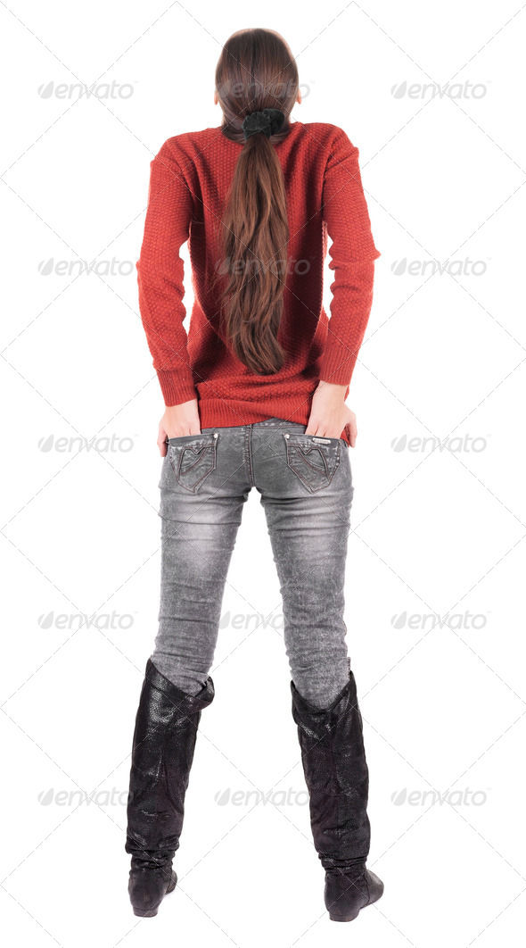 back view of standing young beautiful woman. - Stock Photo - Images