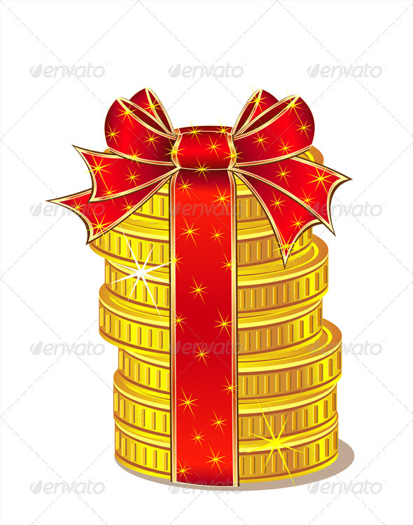 Stack of Gold Coins with Ribbon and Bow Stack of Gold Coins with Ribbon and Bow