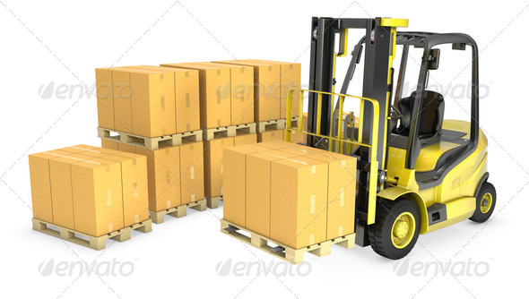 Yellow fork lift truck with stack of carton boxes