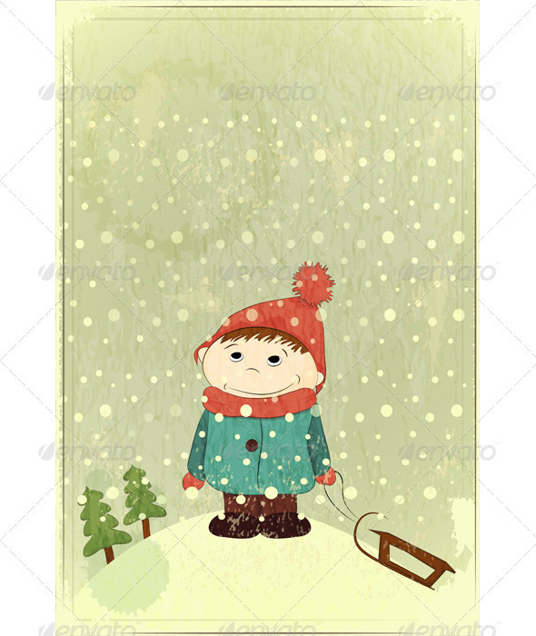 Christmas Card - Little Boy and Sled