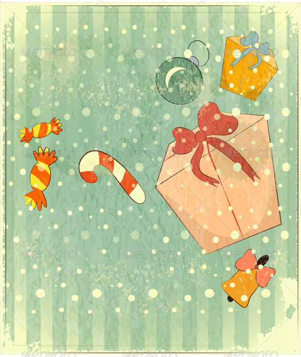 Christmas Retro Postcard with Toys and Gift Box Christmas Retro Postcard with Toys and Gift Box
