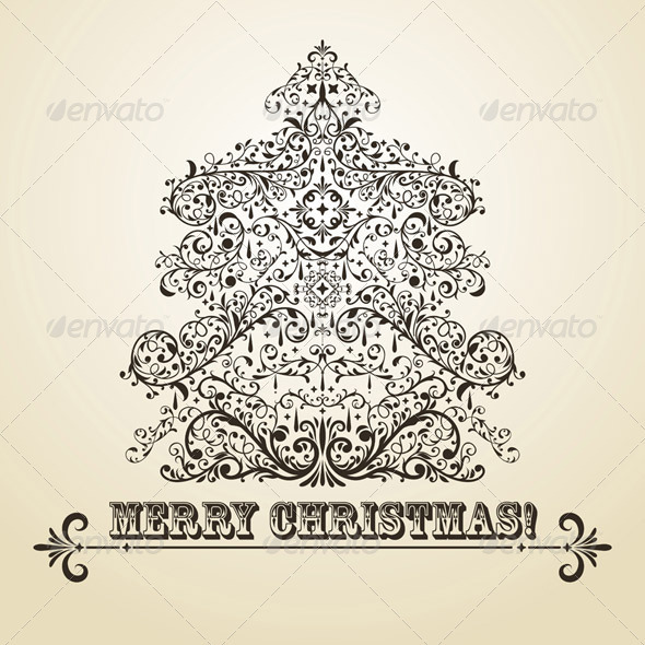 Vector Vintage Christmas Greeting Card with Fir Tr Vector Vintage Christmas Greeting Card with Fir Tr