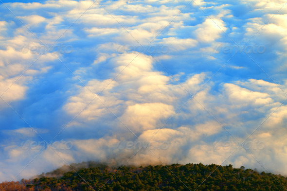 Fantastic island in clouds. Bird27;s eye panorama.