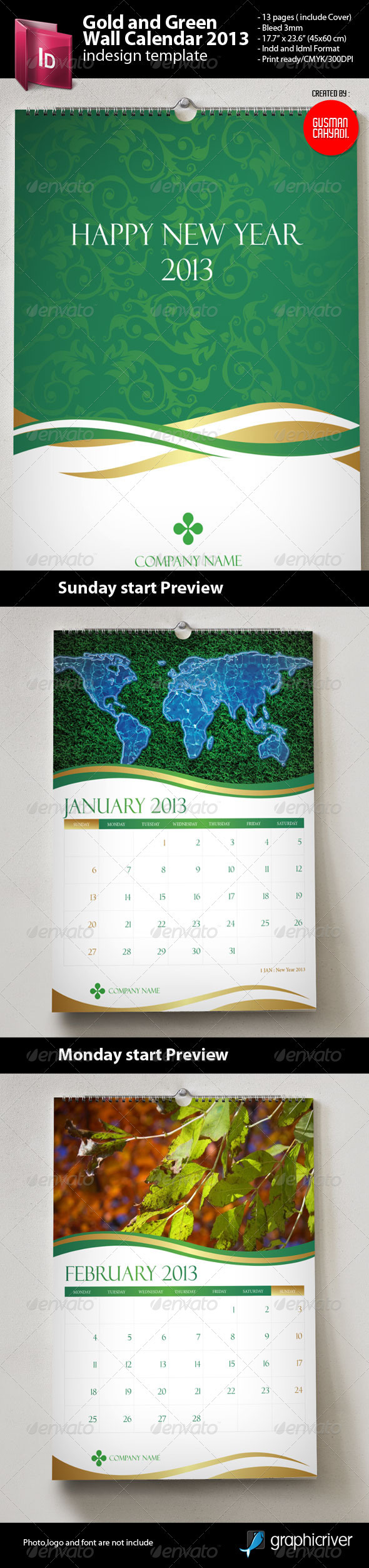 Gold and Green Wall Calendar 2013