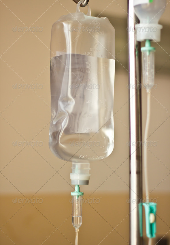 IV bag hanging on a metal pole