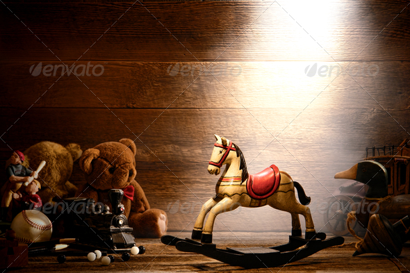 Vintage Wood Rocking Horse and Old Toys in Attic