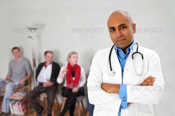 Waiting room with patients and a doctor