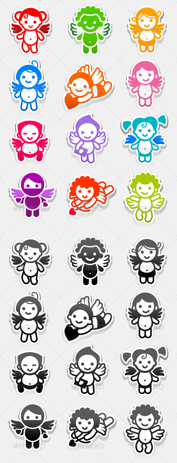 Colored Set Stickers Angels - Valentines Seasons/Holidays