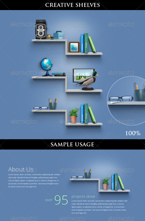 Creative Book Shelves for About Us Page / Including Icons - Miscellaneous Product Mock-Ups