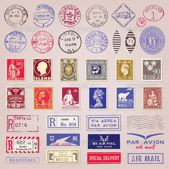Vector Vintage Postage Stamps, Marks, Stickers | GraphicRiver