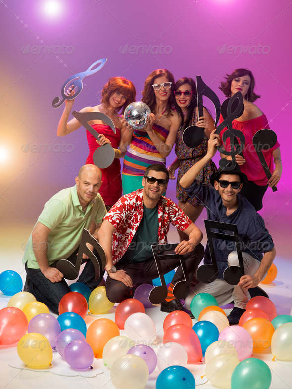 young happy people with musical notes - Stock Photo - Images