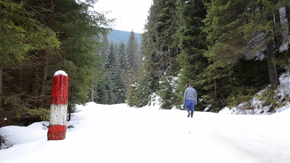 Man Walking In Snowy Winter Forest Man Walking In Snowy Winter Forest