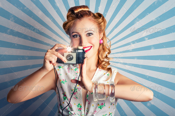 Young Happy Vintage Woman With Old Film Camera