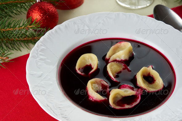 Red borscht (Czerwony barszcz) with mushroom dumplings