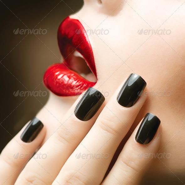 Makeup and Manicure. Black Nails and Red Lips - Stock Image - Everypixel