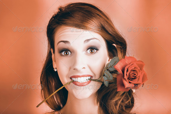 Surprised Young Woman Getting Valentine Flower
