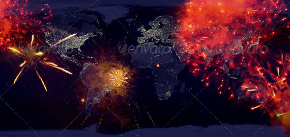 Fireworks with earth at night image.New year on the earth.High r