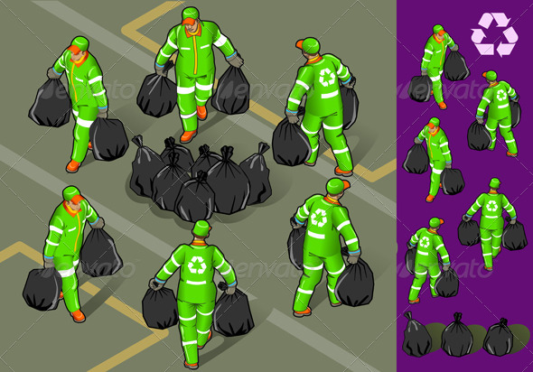 Isometric Set of Garbage Man in Six Position Isometric Set of Garbage Man in Six Position