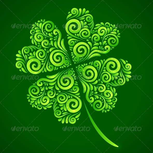 Vector Ornate Lucky Clover on Green Background Vector Ornate Lucky Clover on Green Background
