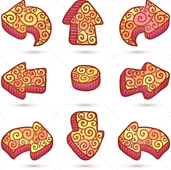 Set of Orange Vector Doodle Ornate Arrows Set of Orange Vector Doodle Ornate Arrows