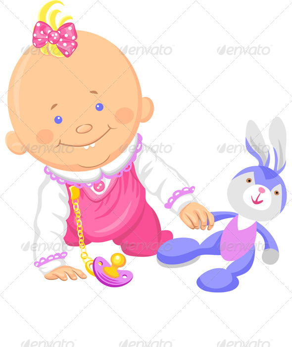 Vector Baby Girl Playing with a Toy Rabbit Vector Baby Girl Playing with a Toy Rabbit