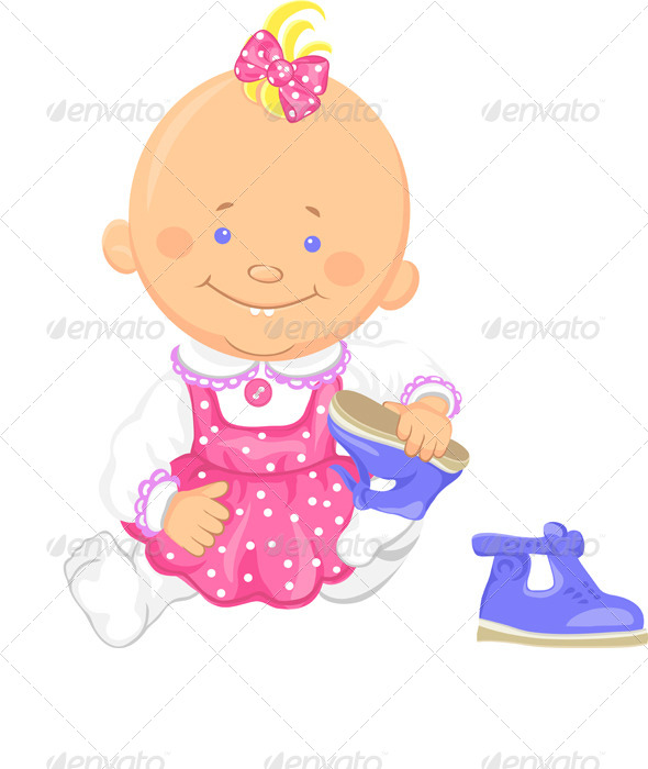 Vector Baby Girl Learns to Put on Shoes Vector Baby Girl Learns to Put on Shoes