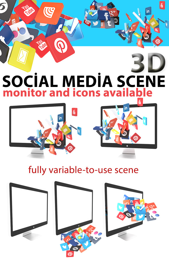 Monitor Scene with 3d Social Icons - 3DOcean Item for Sale