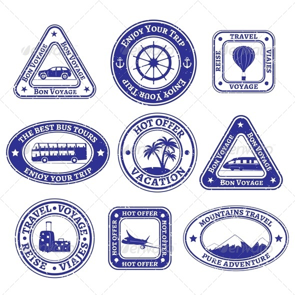 Set of Scratched Stamps on Travel and Tourism Set of Scratched Stamps on Travel and Tourism
