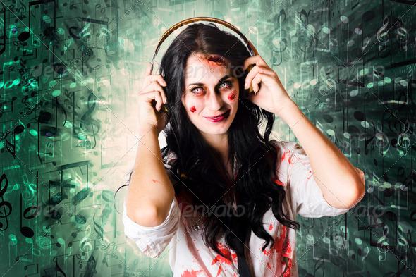 Gothic rock music girl wearing headphones