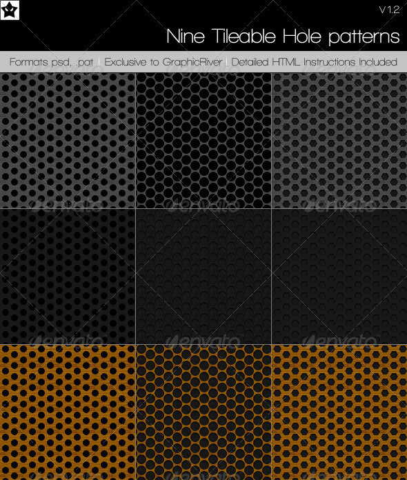 9 Tileable Hole Patterns - Techno / Futuristic Textures / Fills / Patterns