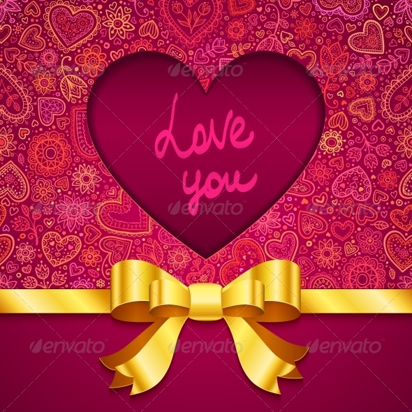 Valentines Day Greeting Card with Heart and Ribbon