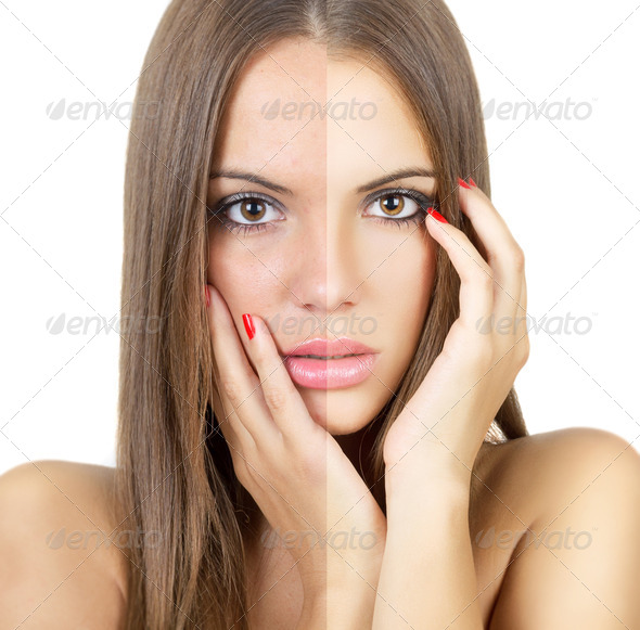 Female face before and after retouch - Stock Photo - Images